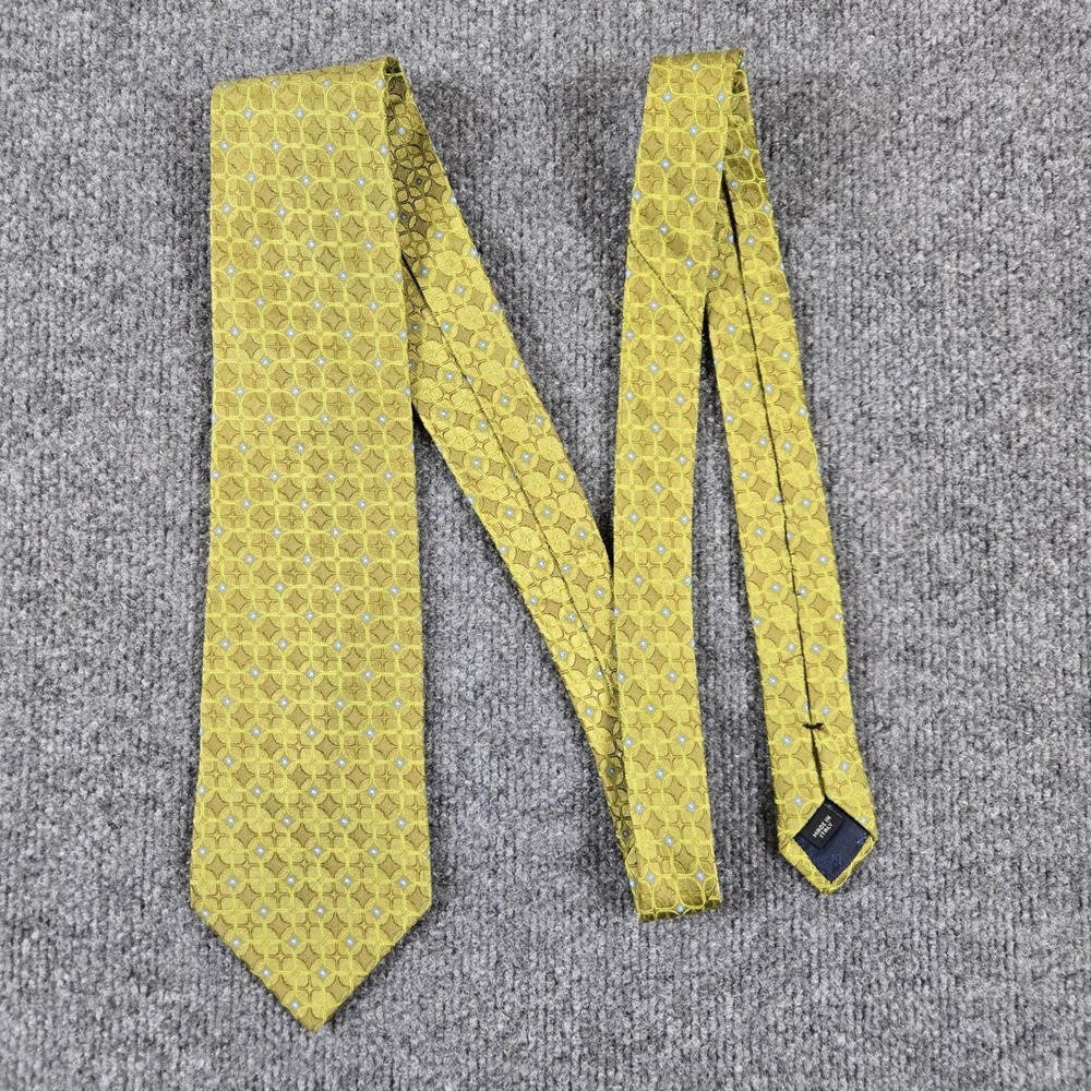 Jos. A. Bank Silk Necktie Mens Olive Green Gold Geometric Pattern Made in Italy